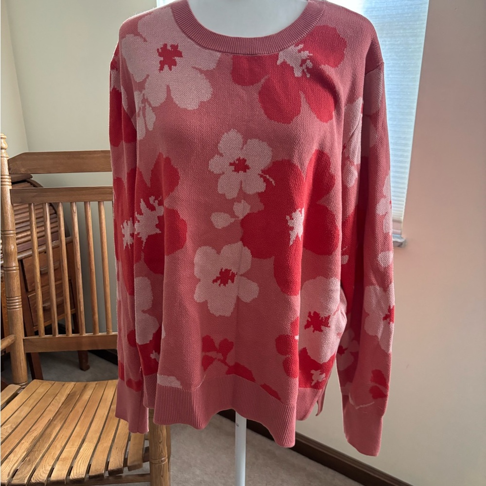 Time and Tru Floral Red and Pink Sweater